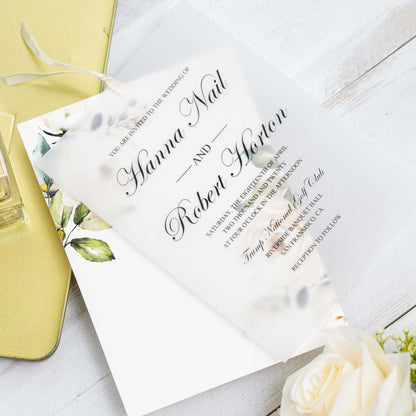 white rose layered vellum invitation