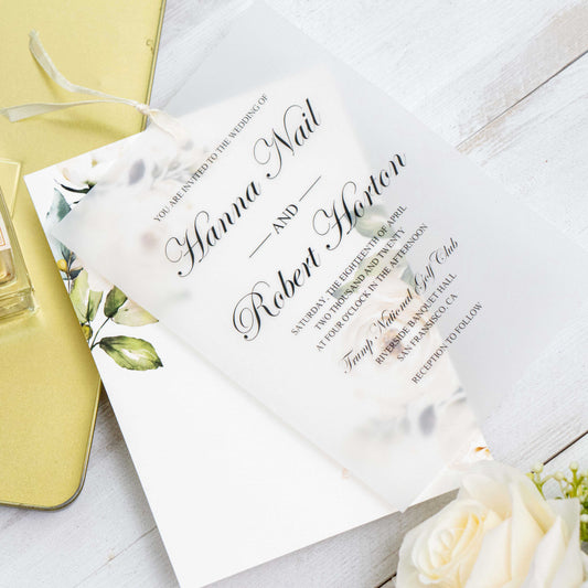 white rose layered vellum invitation