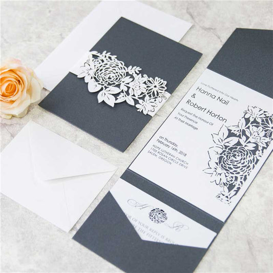 navy laser-cut pocket invitation