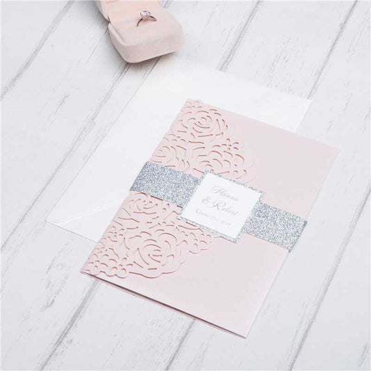 blush pink silver laser-cut pocket invitation closed