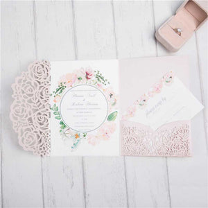 blush pink silver laser-cut pocket invitation open