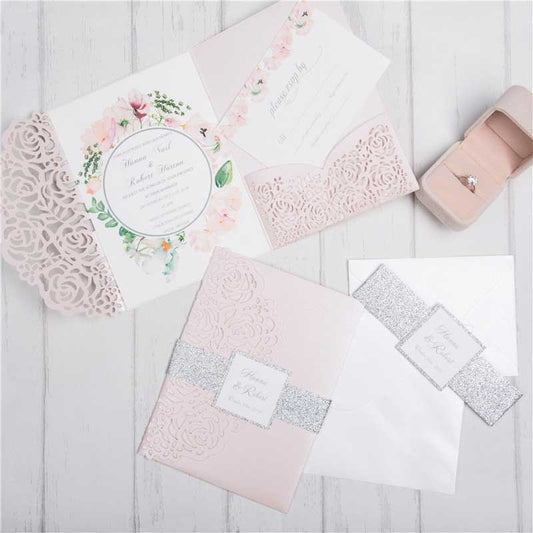 blush pink silver laser-cut pocket invitation set