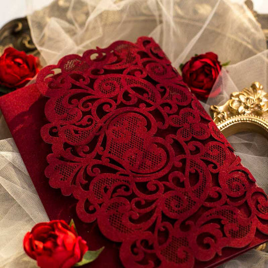 velvet laser-cut invitation burgundy closed closeup