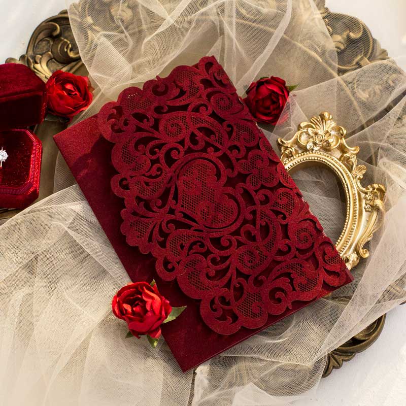 velvet laser-cut invitation burgundy closed
