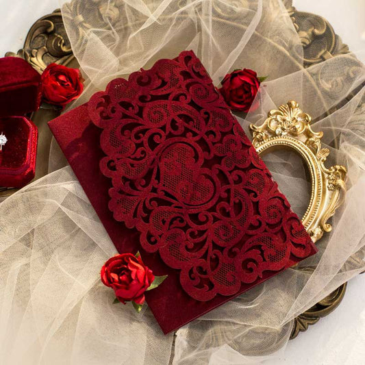 velvet laser-cut invitation burgundy closed