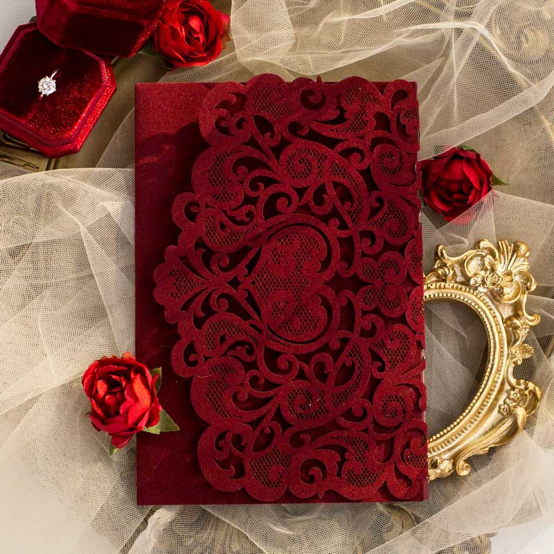 velvet laser-cut invitation burgundy closed