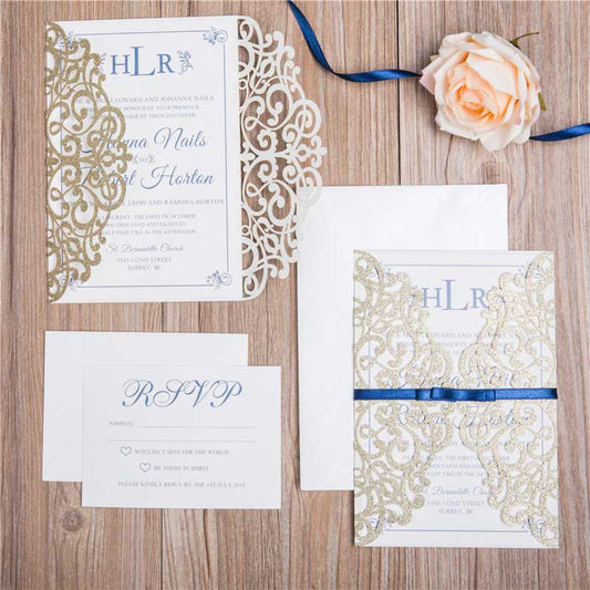 '-lasercut invitation gold glitter blue ribbon
