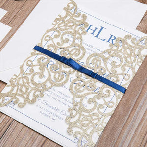 '-lasercut invitation gold glitter blue ribbon