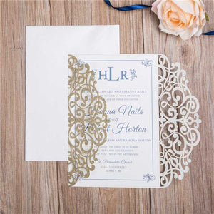 '-lasercut invitation gold glitter blue ribbon open