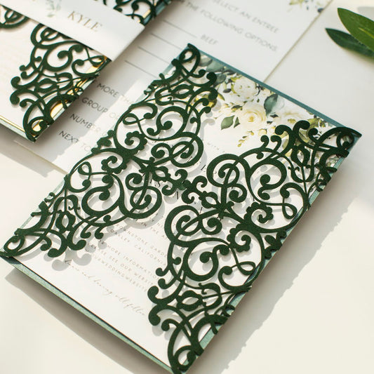 emerald green velvet laser-cut invitation