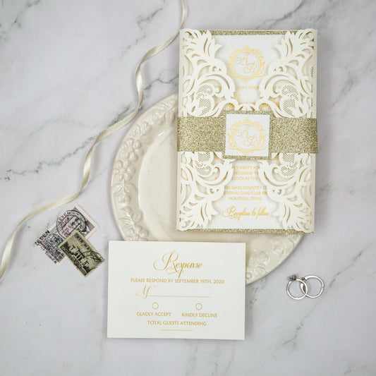 ivory laser-cut invitation gold foil diy set
