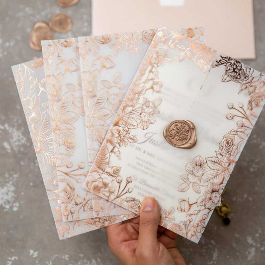 rose gold foil vellum wrap invitation closed