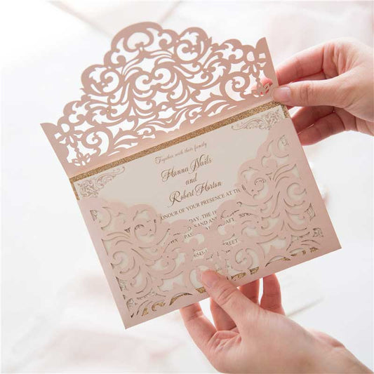 blush pink laser cut invitation pocket open