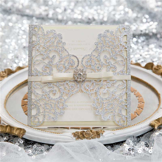 silver glitter laser cut invitation