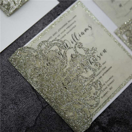 champagne gold glitter laser cut pocket invitation detail
