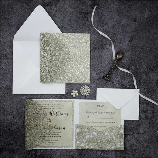 champagne gold glitter laser cut pocket invitation DIY set