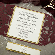 burgundy and gold glitter laser cut invitation