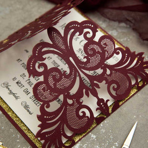 burgundy and gold glitter laser cut invitation