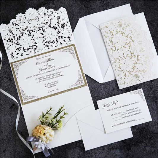 white Laser-cut invitation pocket DIY set