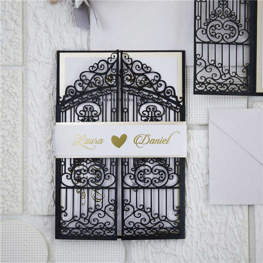 navy retro iron gates laser cut invitation