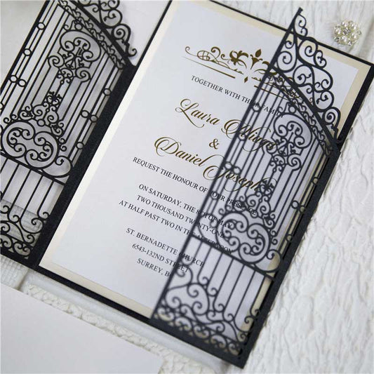 navy retro iron gates laser cut invitation detail