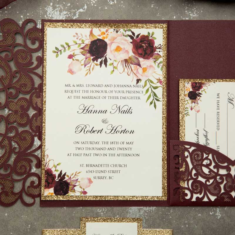 burgundy pocket gold glitter Laser-cut invitation inside