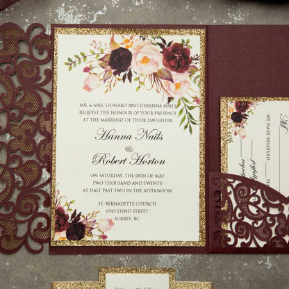 burgundy pocket gold glitter Laser-cut invitation inside