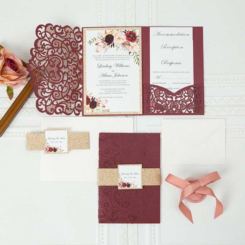 burgundy pocket gold glitter Laser-cut invitation DIY set