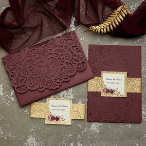 burgundy pocket gold glitter Laser-cut invitation DIY set