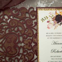 burgundy pocket gold glitter Laser-cut invitation detail