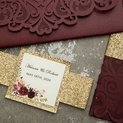 burgundy pocket gold glitter Laser-cut invitation belly band