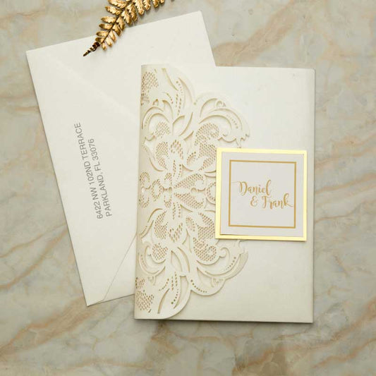 ivory gold mirror lasercut invitation pocket DIY set