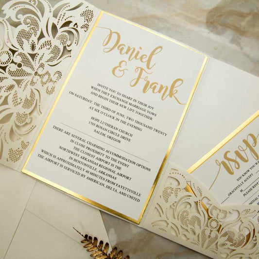 ivory gold mirror lasercut invitation pocket
