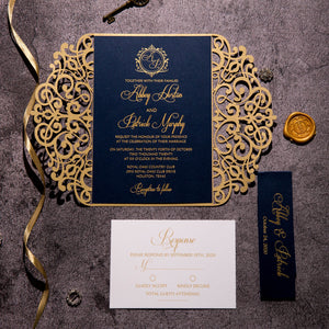 gold foil and navy laser-cut invitation set