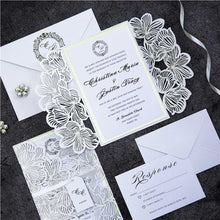 white flower laser cut invitation open