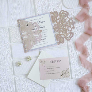 blush pink laser cut invitation with silver glitter DIY set