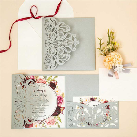 silver Laser-cut invitation pocket DIY set