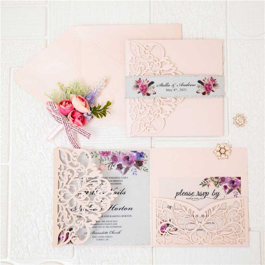 blush pink Laser-cut invitation DIY set