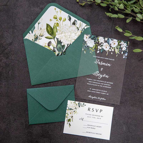 clear acrylic wedding invitation white flowers green envelope liner
