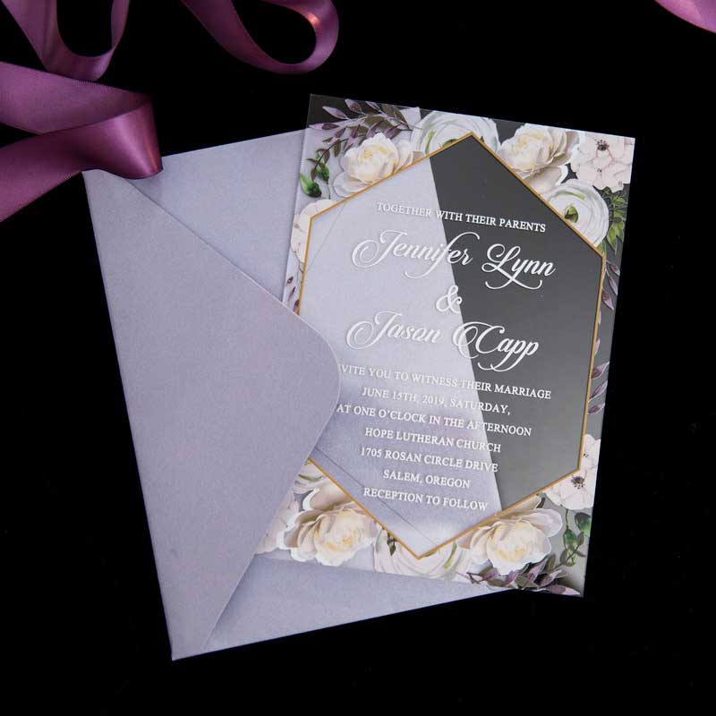 clear acrylic wedding invitation white rose bouquet lavender envelope