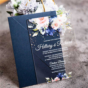 clear acrylic wedding invitation white blue flowers navy envelope