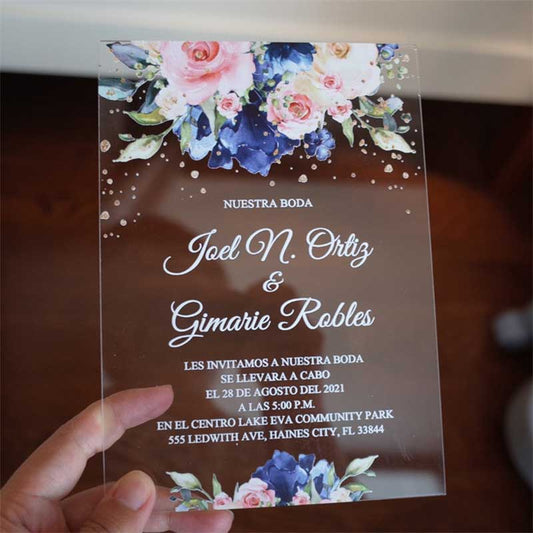 clear acrylic wedding invitation white blue flowers navy envelope