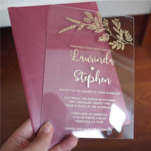 clear acrylic wedding invitation gold botanic burgundy envelope