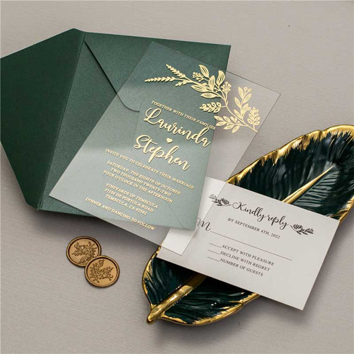 clear acrylic wedding invitation gold botanic green envelope