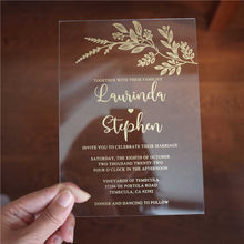 clear acrylic wedding invitation gold botanic
