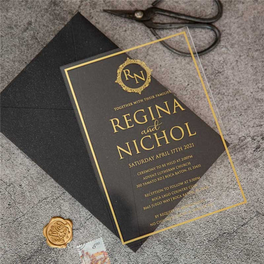 clear acrylic gold wedding invitation monogram