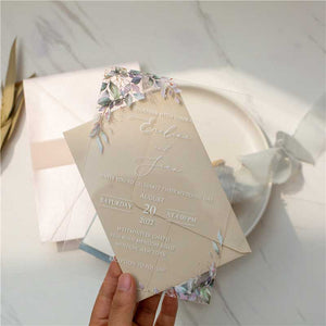 clear acrylic wedding invitation watercolour leaves cream envelope