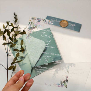 clear acrylic wedding invitation watercolour leaves green envelope