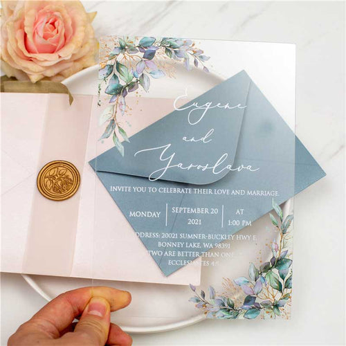 clear acrylic wedding invitation watercolour leaves blue envelope