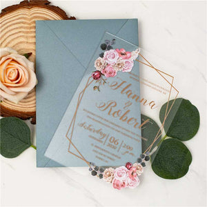 clear acrylic wedding invitation white rose geometric border blue envelope